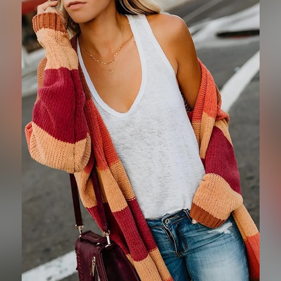 Autumn Colorblock boho Stripes Knit Open Front Cardigan Casual stripes - Picture 7 of 13